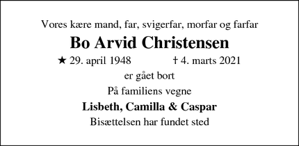 Dødsannoncen for Bo Arvid Christensen - Hillerød