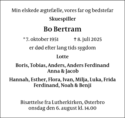 Dødsannoncen for Bo Bertram - København