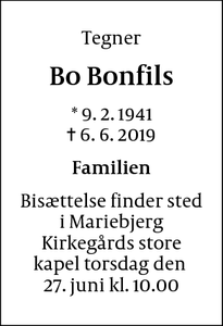 Dødsannoncen for Bo Bonfils - Rådvad, Lyngby
