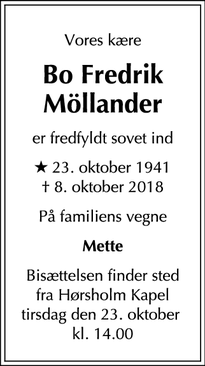 Dødsannoncen for Bo Fredrik Möllander - Hørsholm