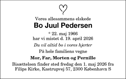 Dødsannoncen for Bo Juul Pedersen - København S