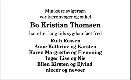 Dødsannoncen for Bo Kristian Thomsen - Hammelev