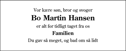 Dødsannoncen for Bo Martin Hansen - Augustenborg