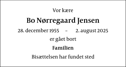 Dødsannoncen for Bo Nørregaard Jensen - København V
