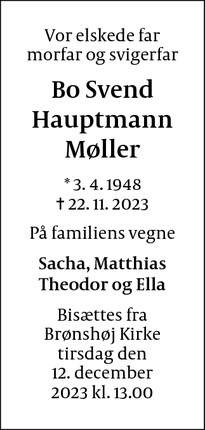 Dødsannoncen for Bo Svend
Hauptmann
Møller - Gentofte
