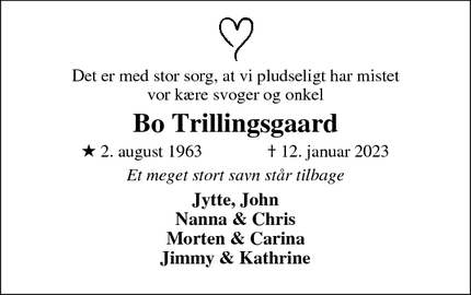 Dødsannoncen for Bo Trillingsgaard - Struer