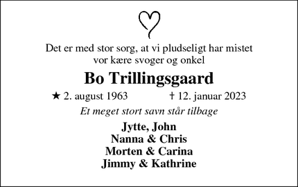 Dødsannoncen for Bo Trillingsgaard - Struer