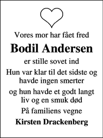 Dødsannoncen for Bodil Andersen  - Skovlunde