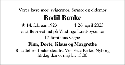 Dødsannoncen for Bodil Banke - Nyborg