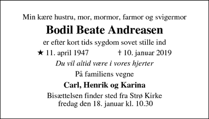 Dødsannoncen for Bodil Beate Andreasen - Strø