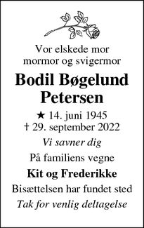 Dødsannoncen for Bodil Bøgelund
Petersen - Føllenslev