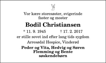 Dødsannoncen for Bodil Christiansen - Vinderød