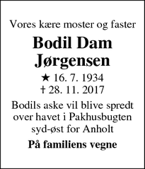 Dødsannoncen for Bodil Dam Jørgensen - Anholt