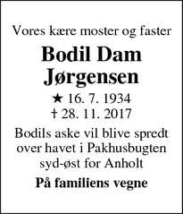 Dødsannoncen for Bodil Dam Jørgensen - Anholt