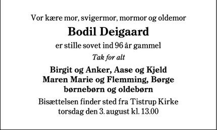 Dødsannoncen for Bodil Deigaard - Tistrup