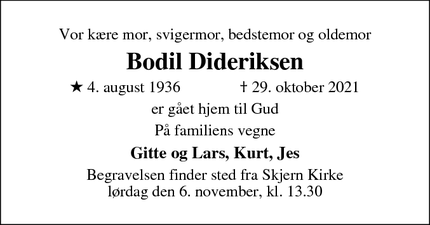 Dødsannoncen for Bodil Dideriksen - Skjern