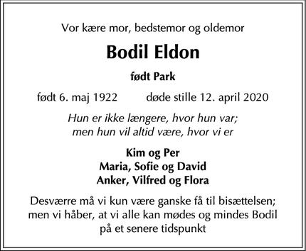 Dødsannoncen for Bodil Eldon - Gentofte