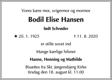 Dødsannoncen for Bodil Elise Hansen - Lejre/Roskilde