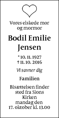 Dødsannoncen for Bodil Emilie Jensen - Østerbro