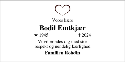 Dødsannoncen for Bodil Emtkjær - Skive