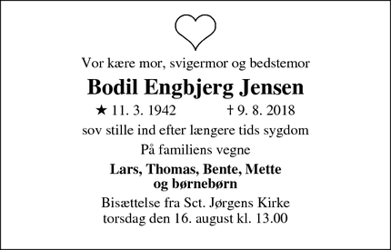 Dødsannoncen for Bodil Engbjerg Jensen - Svendborg