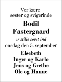 Dødsannoncen for Bodil Fastergaard - Sønder Felding