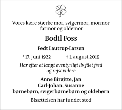 Dødsannoncen for Bodil Foss - 2830 Virum