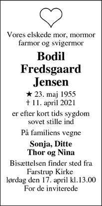 Dødsannoncen for Bodil Fredsgaard Jensen - København N