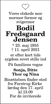 Dødsannoncen for Bodil Fredsgaard Jensen - København N