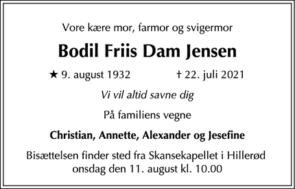 Dødsannoncen for Bodil Friis Dam Jensen - Hillerød