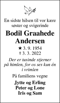 Dødsannoncen for Bodil Graahede
Andersen - Holstebro