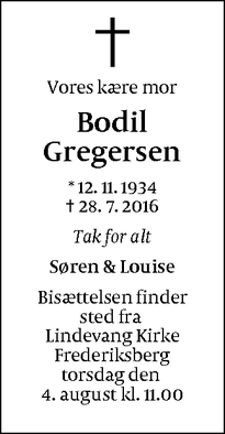 Dødsannoncen for Bodil Gregersen - Frederiksberg