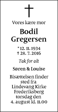 Dødsannoncen for Bodil Gregersen - Frederiksberg