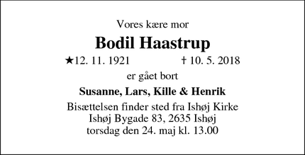 Dødsannoncen for Bodil Haastrup - Rødovre