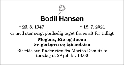 Dødsannoncen for Bodil Hansen - MARIBO