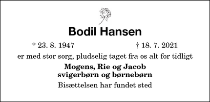 Dødsannoncen for Bodil Hansen - MARIBO