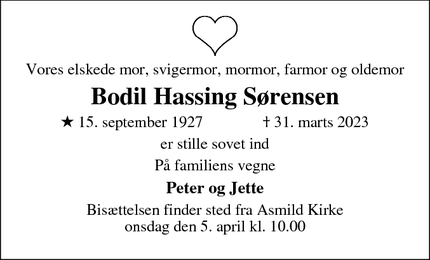 Dødsannoncen for Bodil Hassing Sørensen - Københavns S