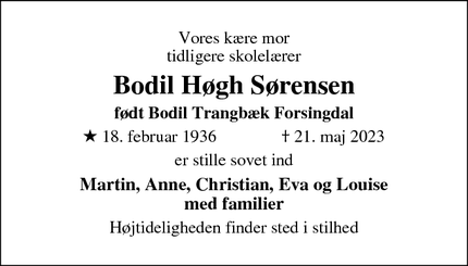 Dødsannoncen for Bodil Høgh Sørensen - Kalundborg