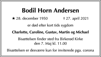 Dødsannoncen for Bodil Horn Andersen - Virum