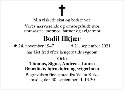 Dødsannoncen for Bodil Ilkjær - Smørum