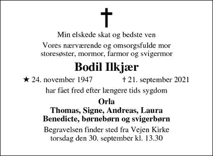 Dødsannoncen for Bodil Ilkjær - Smørum