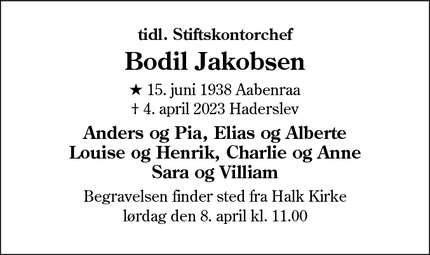 Dødsannoncen for Bodil Jakobsen - Haderslev