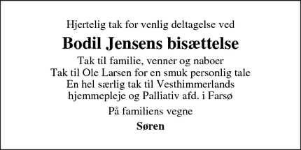 Dødsannoncen for Bodil Jensens bisættelse - Aars