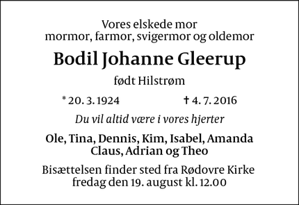 Dødsannoncen for Bodil Johanne Gleerup - Rødovre