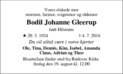 Dødsannoncen for Bodil Johanne Gleerup - Rødovre