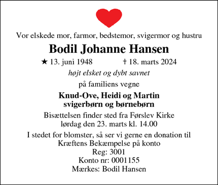 Dødsannoncen for Bodil Johanne Hansen - Arløse