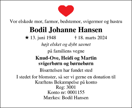 Dødsannoncen for Bodil Johanne Hansen - Arløse
