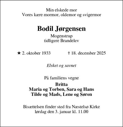 Dødsannoncen for Bodil J&oslash;rgensen - Næstved