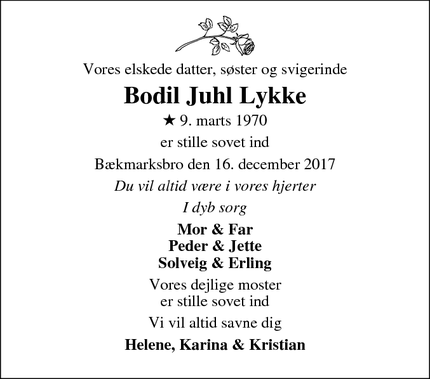 Dødsannoncen for Bodil Juhl Lykke - Bækmarksbro