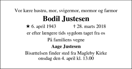 Dødsannoncen for Bodil Justesen - Skælskør